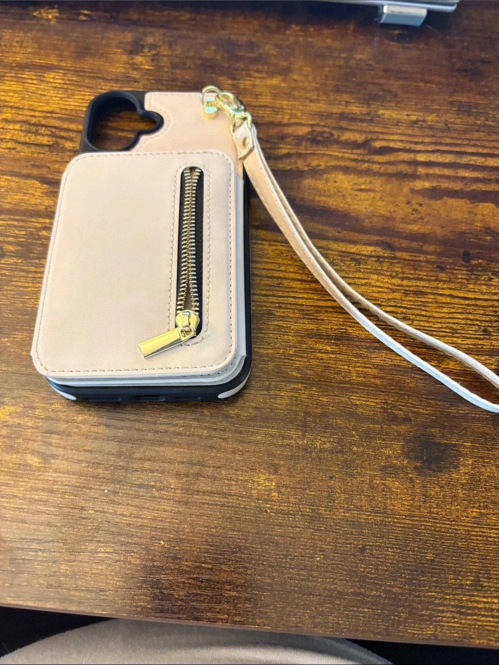 Beige Leather Wristlet Phone Case with Zipper Pocket
